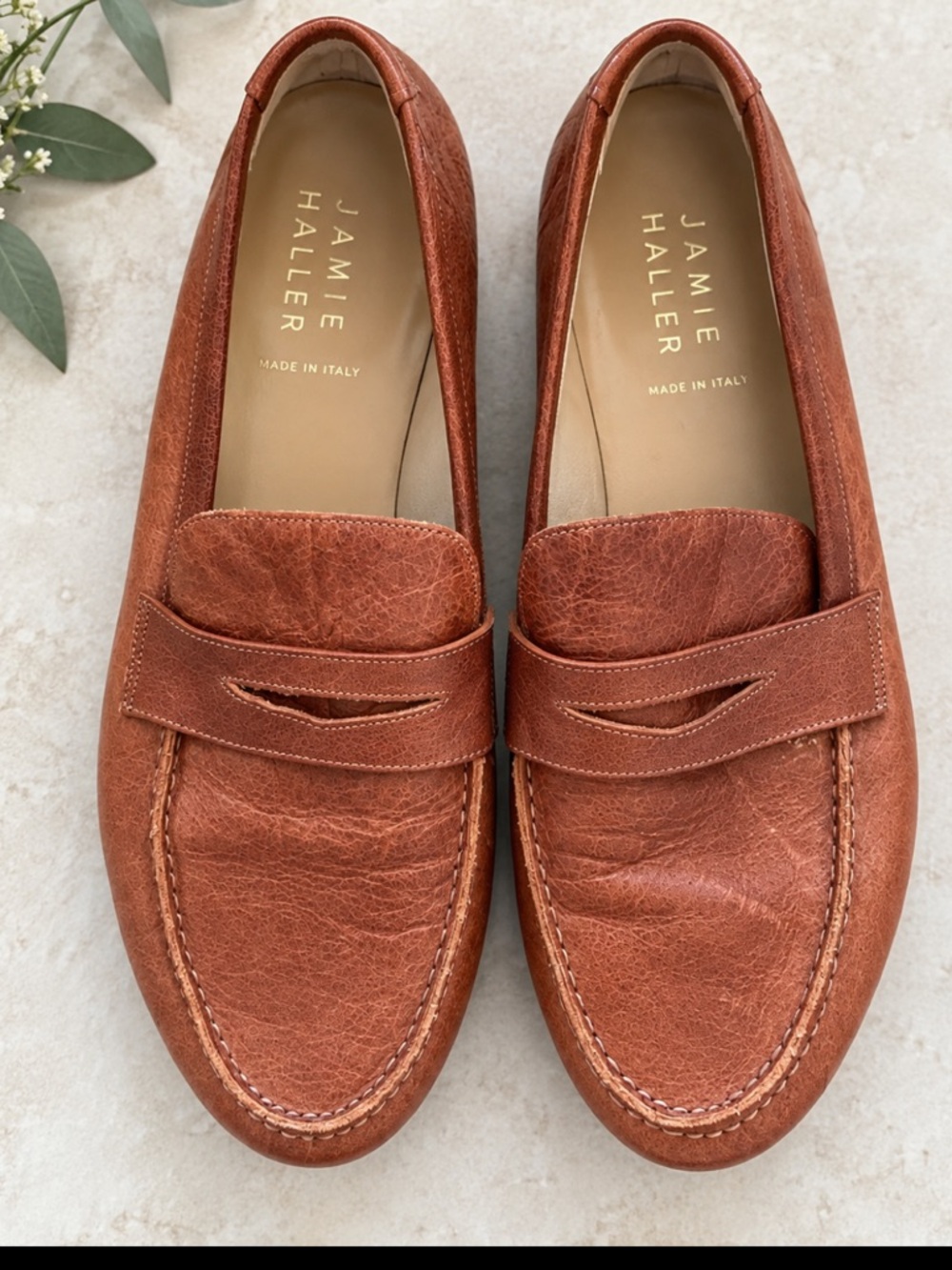 Jamie Haller Leather Penny Loafers Brown US 7 EU 37.5 Made in Italy Cognac